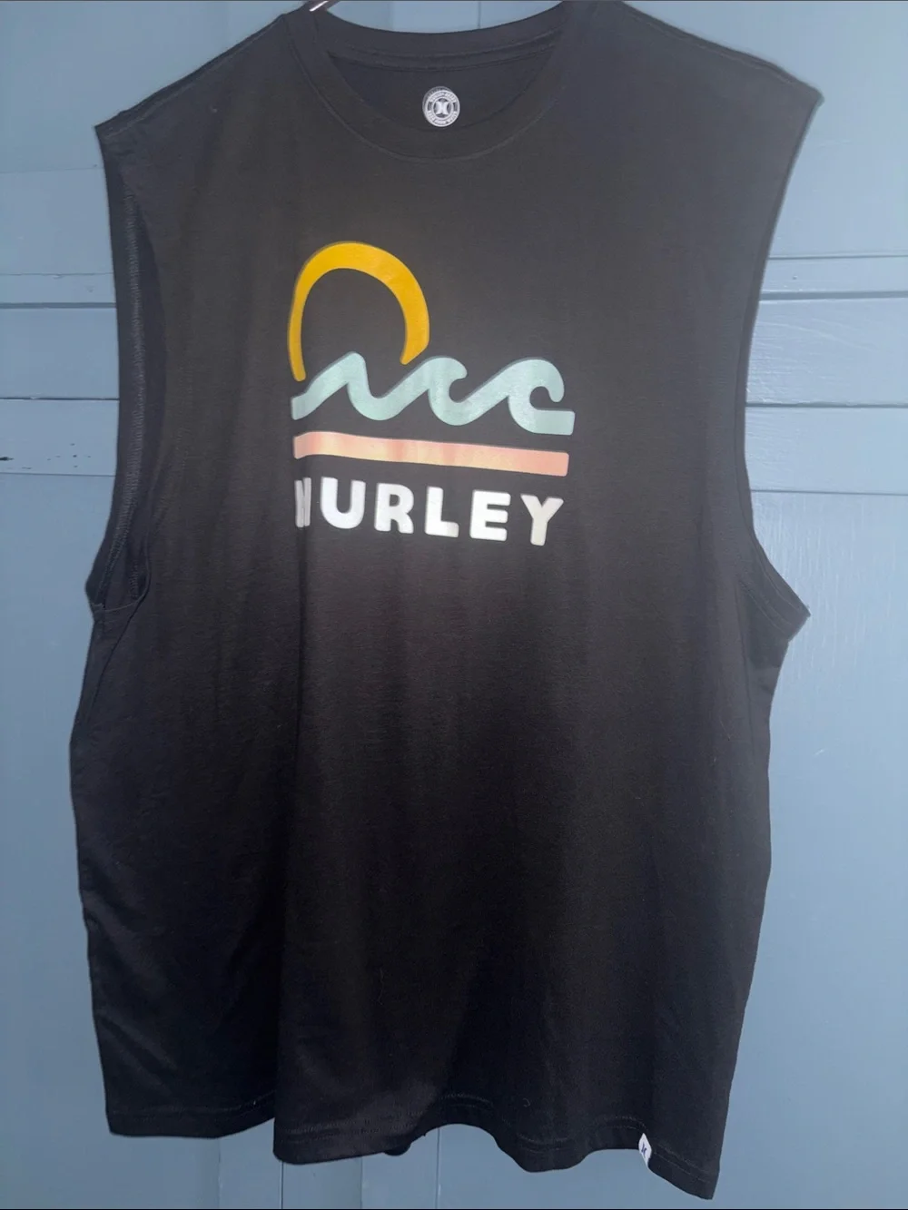 Hurley Black Sleeveless Swim Top with Yellow, Teal & Peach Graphic